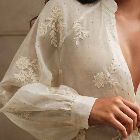 Apricot Elegant Women's V-Neck Lantern Sleeve Rhinestone Holiday Shirt - Picture 6 of 6